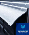 Heavy Duty Exterior Door Rain Drip Guard With Slick White Aluminum Finish, water droplets on aluminum rain deflector.
