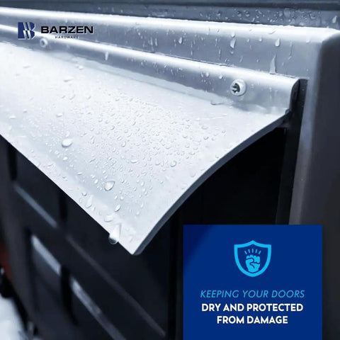 Heavy Duty Exterior Door Rain Drip Guard With Slick White Aluminum Finish, water droplets on aluminum rain deflector.