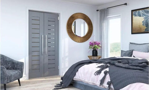 Bedroom with grey saloon doors and modern decor featuring Dual Action Spring Door Hinge For Saloon And Cafe Doors Heavy Duty Double Swing That Swings Both Ways With Adjustable Tension Self Closing Brass Finish Seven And One Half Inch Commercial Grade Door Hardware.