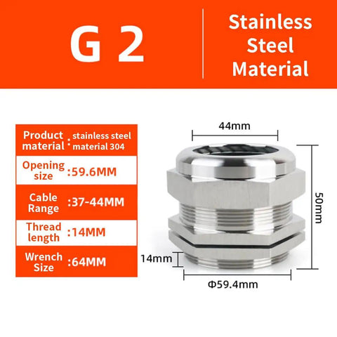Stainless Steel Cable Gland G2 IP68 Waterproof Cord Grip With Gaskets And Locknut, 37-44 mm Connector, 59.6 mm Opening