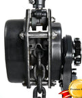 Side view of Manual Lever Hoist Come Along Three Quarters Ton Capacity 1650 Lbs with heavy-duty hooks and steel chain.