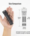 Rechargeable 4720 Lumen LED Flashlight With USB-C held in hand showing 125mm length and 197g weight, size comparison image