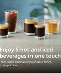Fully Automatic Espresso Machine With One Touch Milk Frother And Quiet Ceramic Grinder Crafts Top Shelf Coffee Fast Ideal Iced Coffee Maker And Low Noise Kitchen Setup For Daily Grind Certified Renewed Gem showcasing various glass cups of coffee.