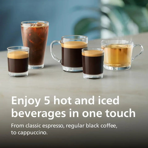 Fully Automatic Espresso Machine With One Touch Milk Frother And Quiet Ceramic Grinder Crafts Top Shelf Coffee Fast Ideal Iced Coffee Maker And Low Noise Kitchen Setup For Daily Grind Certified Renewed Gem showcasing various glass cups of coffee.