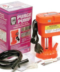 Power Clean Evaporative Cooler Purge Pump With Auto Flush System Orange Polypropylene 9 and a Half Inch Height 5 and a Half Inch Width Includes Mesh Screen Mounting Bracket Drain Hose and Drain Adapter Prevents Mineral Scale and Dirty Water Buildup box and components displayed