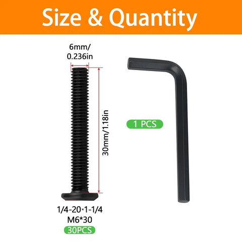 M6 X 30mm 30 Piece Pack Of Flat Head Hex Socket Cap Screws Made From 304 Stainless Steel With Black Oxide Finish For No Sweat Furniture Assembly And Bulletproof Outdoor Holds You Can Count On Daily with hex key and measurements.