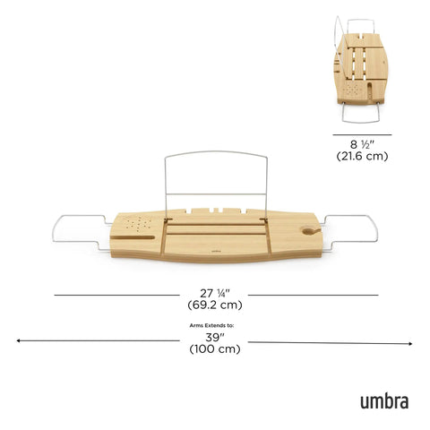 Aquala Extendable Bathtub Tray Caddy With Book Stand And Wine Glass Holder, extended to 39 inches with measurements shown.