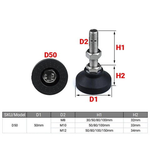 Level up your setup with these badass universal adjustable leveling feet, D50mm base with M8, M10, M12 screw options, detailed dimensions.
