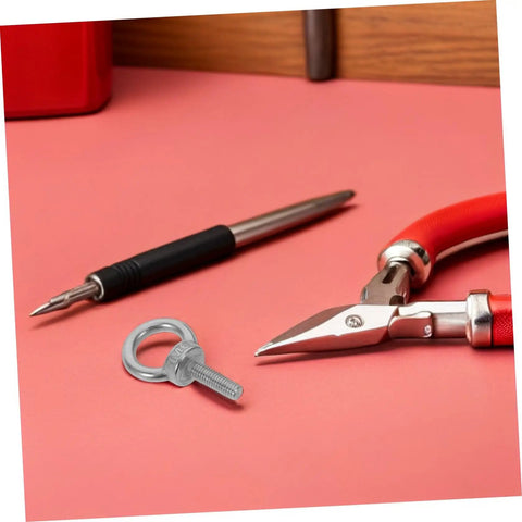 Heavy Duty M6x20 Stainless Steel Threaded Eyebolts With Nut And Washer Rock Solid Hook Bolts For Lifting And Hoisting Includes Nylon Nut And Flat And Spring Washers For Anti Loosening Protection Durable Industrial Grade Fasteners, M6 eyebolts on pink surface