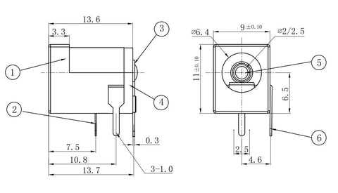 Technical diagram of Breadboard Friendly 2.1mm PCB Mounting Female DC Power Barrel Jack Pack Of 10 With 1.0mm Pin Terminals