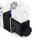 Close-up of 1/4 Inch NPT Pneumatic Electric Solenoid Valve 3 Way 2 Position DC 24V with clear plastic cover