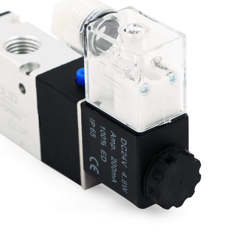 Close-up of 1/4 Inch NPT Pneumatic Electric Solenoid Valve 3 Way 2 Position DC 24V with clear plastic cover