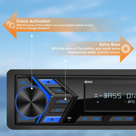Close-up of Beast Bluetooth Marine Stereo For Boats Single Din Boat Radio Receiver With Digital LCD Screen showing controls