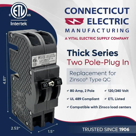 Two Pole 80 Amp Heavy Duty Thick Series Molded Case Circuit Breaker Plug In Replacement For Panels ETL Listed To UL 489