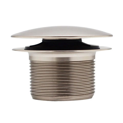 Swanky Satin Nickel Mushroom Tip Toe Bathtub Drain Stopper 1 1 2 Inch NPSM Coarse Thread Push Button design with smooth cap.