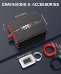 Built Tough 3000 Watt Power Inverter Converts 12V Dc To 110V Ac With 6000 Peak Surge, accessories, dimensions, remote control included.