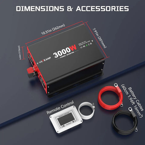 Built Tough 3000 Watt Power Inverter Converts 12V Dc To 110V Ac With 6000 Peak Surge, accessories, dimensions, remote control included.