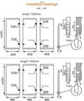 Installation drawings for Rock Solid Full Extension Table Slide, showing dimensions and hinge placements for 1200mm and 1450mm lengths.