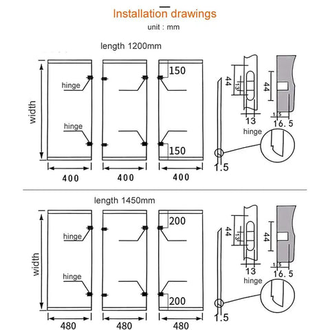 Installation drawings for Rock Solid Full Extension Table Slide, showing dimensions and hinge placements for 1200mm and 1450mm lengths.