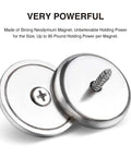 Close-up of Beefy Neodymium Round Base Cup Magnets with Countersunk Holes and Stainless Screws, 100 lb holding, silver finish.