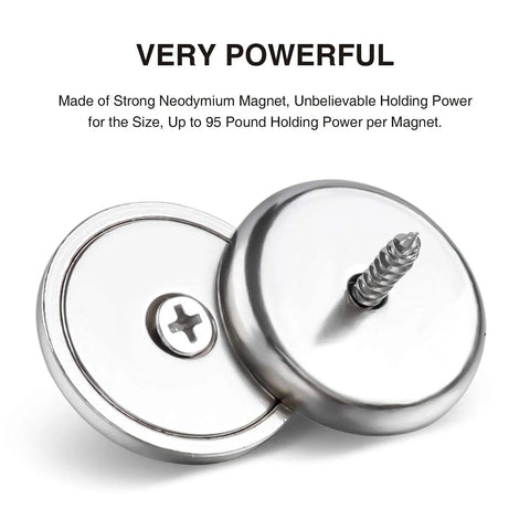 Close-up of Beefy Neodymium Round Base Cup Magnets with Countersunk Holes and Stainless Screws, 100 lb holding, silver finish.
