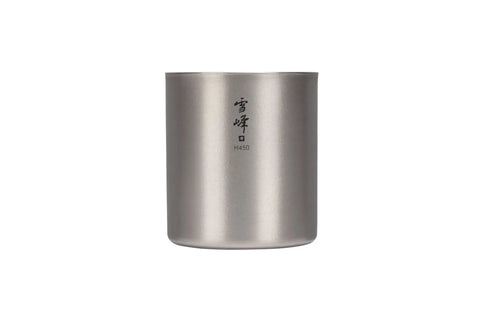 Dope Titanium Double Wall Insulated Coffee Mug With 15 Oz Capacity Stacks Easy For Ultralight Camping Trips and Backpackin Adventures visible from the front.