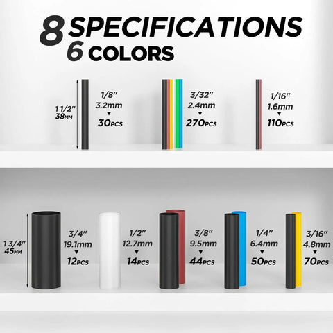 Five To One Heat Shrink Tubing Kit With 600 Pieces Adhesive Lined Marine Grade Dual Wall Waterproof Wire Sleeving Tube Wrap Set in eight sizes and six colors.