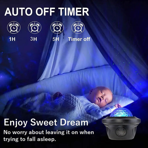 Dope Galaxy Projector With 20 Lighting Effects Large Projection Area Up To 30X30Ft in use, baby sleeping under starry sky light