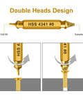 Diagram of the Double-Ended Screw Extractor and Drill Bit Set, gold titanium coated, showing drill bit and extractor functionality.
