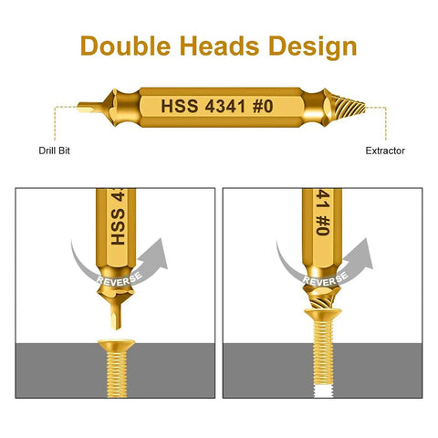 Diagram of the Double-Ended Screw Extractor and Drill Bit Set, gold titanium coated, showing drill bit and extractor functionality.