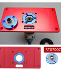 Heavy Duty Aluminum Router Table Insert Plate With Fast Align Center Bushing For Woodwork Stations, red with blue detailing, 240x120mm.