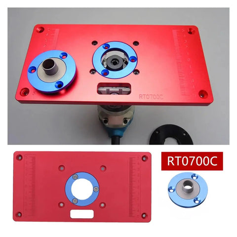 Heavy Duty Aluminum Router Table Insert Plate With Fast Align Center Bushing For Woodwork Stations, red with blue detailing, 240x120mm.