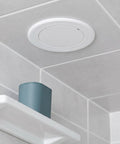 No Fuss Peel And Stick White Round Plumbing Access Panel With Super Secure Grip Removable Abs Pipe Hole Cover For Ceiling And Drywall Six Inch No Drill Quick Swap on gray tiled ceiling.