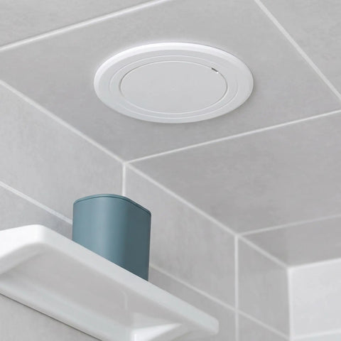 No Fuss Peel And Stick White Round Plumbing Access Panel With Super Secure Grip Removable Abs Pipe Hole Cover For Ceiling And Drywall Six Inch No Drill Quick Swap on gray tiled ceiling.
