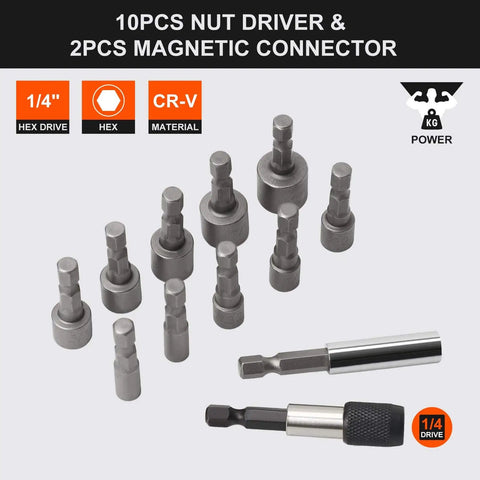 10-piece nut driver set with 1/4 inch CR-V hex bits and magnetic connector, part of 200-Piece Drill And Driver Bit Set.