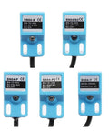 Metal Detection Sensor Proximity Switch For Metal Inspection SN04 N SN04 N2 SN04 P SN04 P2 SN04 D1 D2 Y1 Y2 NPN PNP NC NO Ideal For Industrial Metal Detection And Non Contact Sensing In Automation Projects., blue SN04 sensors in five model variants on white background