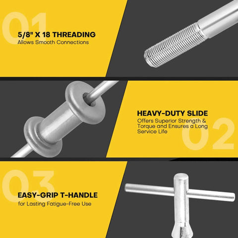Close-up of the Nine Way Two Thirds Jaw Bearing Hub Gear Seal Remover Tool And Nineteen Piece Heavy Duty Slide Hammer Puller Kit showing threading, slide, and T-handle.