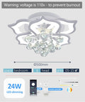 Lit Six-Head Crystal LED Flush Mount Ceiling Light with Remote Control, modern chandelier style, dimensions shown