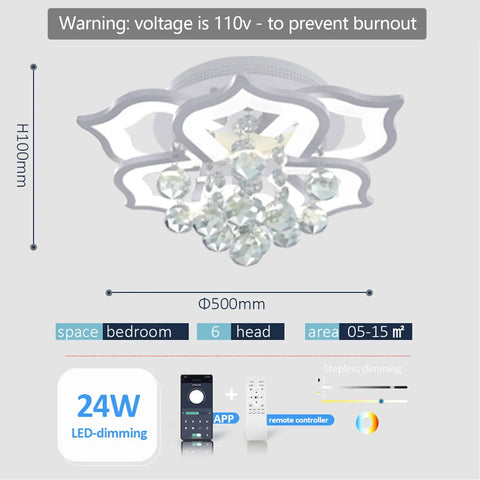 Lit Six-Head Crystal LED Flush Mount Ceiling Light with Remote Control, modern chandelier style, dimensions shown