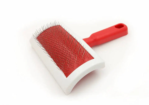 Curved Slicker Brush For Fur And Sheepskin Rugs Pet Grooming Tool With Stainless Steel Pins on white background