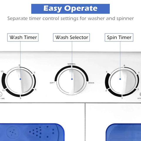 Control panel of Portable Twin Tub Washing Machine 20 Lbs Compact Washer Spinner Combo with timer settings for wash and spin.