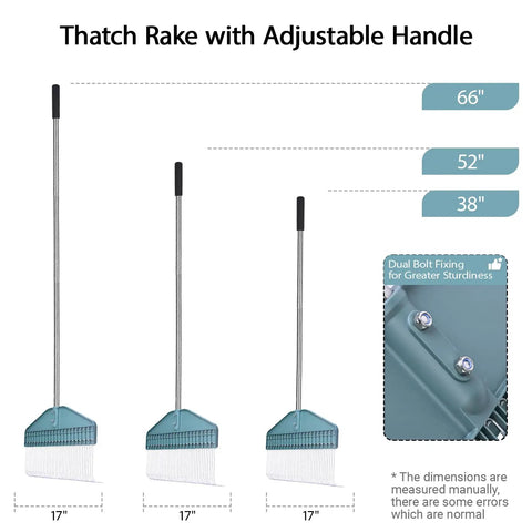 Thatch Rake With 66 Inch Adjustable Handle And 17 Inch Wide Dethatcher shown with adjustable handle lengths, steel tines.