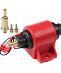 Beefy 12V Fuel Pump Delivers Five To Nine PSI At Thirty Five GPH For Gasoline And Diesel Engines, shown with inlet and outlet fittings.