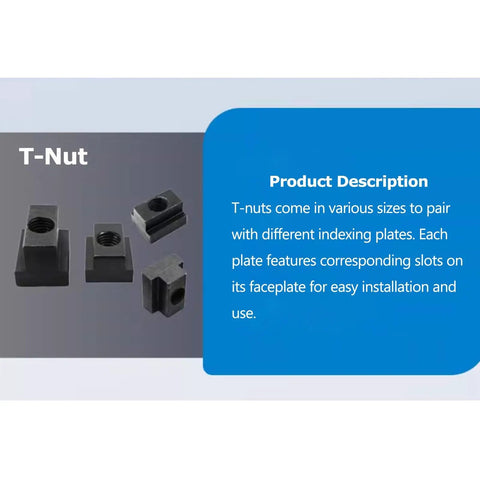 T-nuts for Dual Hand Manual Rotary Indexing Table for Milling Machines, shown in various sizes with slots for installation.