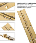 Four Pack 12 Inch Gold Stainless Steel Piano Hinges Built Like A Tank And Hella Sturdy Heavy Duty Continuous Strips With Pre Drilled Mounting Holes For Cabinet Doors Furniture Assembly And Woodworking Projects close up view of gold stainless steel hinge with pre-drilled holes.