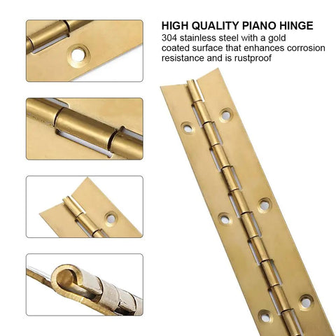 Four Pack 12 Inch Gold Stainless Steel Piano Hinges Built Like A Tank And Hella Sturdy Heavy Duty Continuous Strips With Pre Drilled Mounting Holes For Cabinet Doors Furniture Assembly And Woodworking Projects close up view of gold stainless steel hinge with pre-drilled holes.