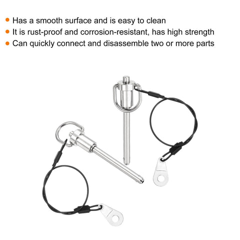 Two Pack 1/4 Inch By 2 Inch Quick Release Pins, Stainless Steel Ball Locking Pins With Ring Handle And Wire, 304 Marine Grade
