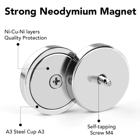 Heavy Duty Neodymium Magnets Set With Screws, 20 Pound Holding Power, 6 Pack, Small Round 0.63 By 0.19 Inch Magnets With Steel Cup Protection