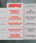 Hyena Skateboard Bearing comparison chart, highlighting features like Mirrorflow Raceway and maintenance tools.
