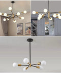 Three black and brass modern chandelier lights with spherical bulbs in living room and office settings.